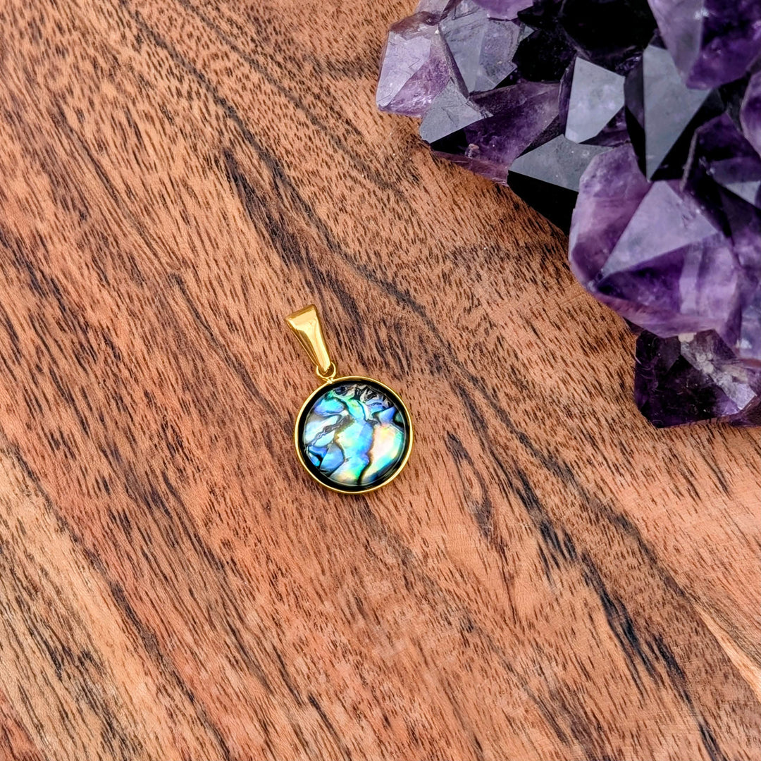 Médaillon rond paua contour doré ou argent