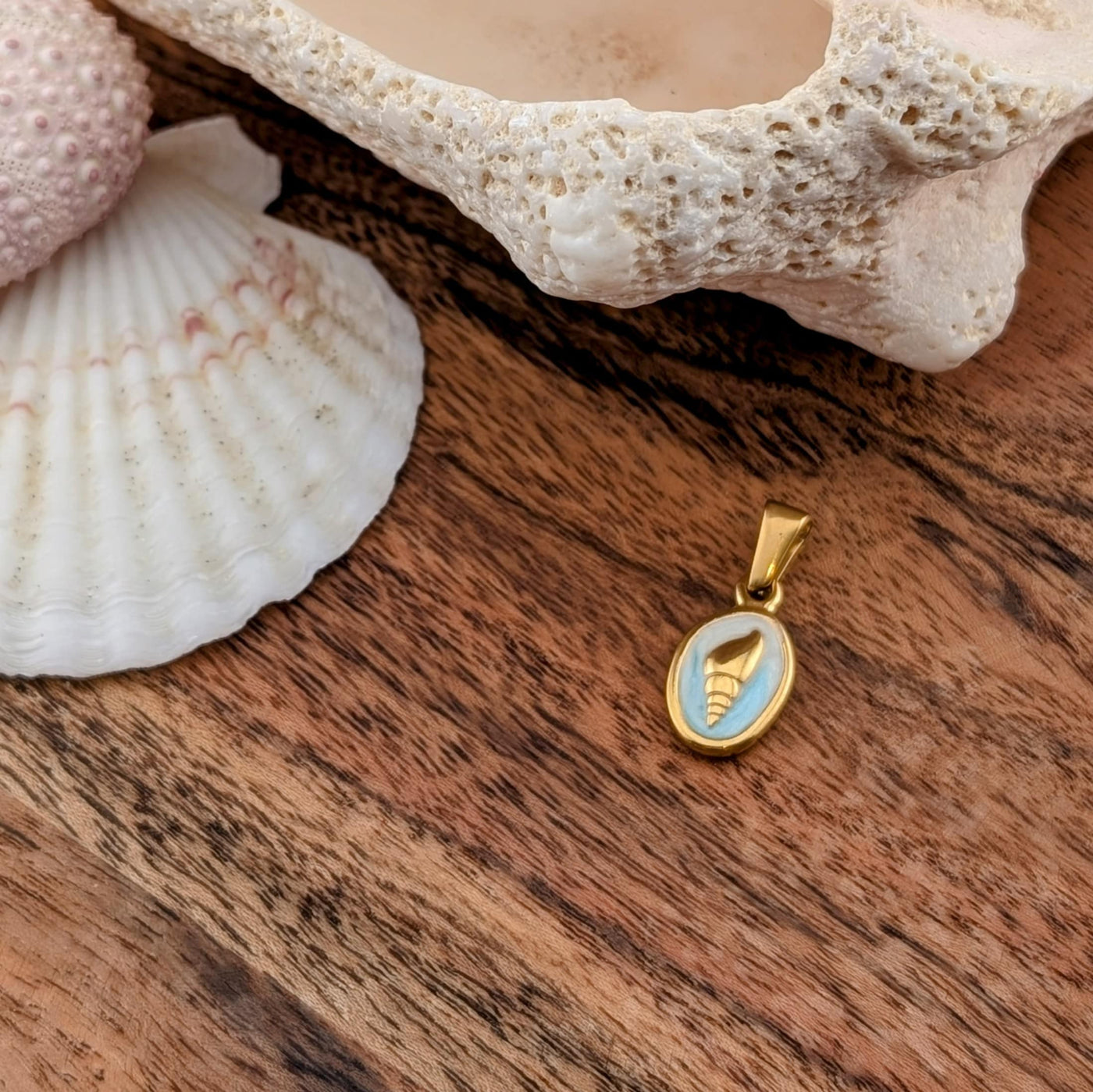 Breloque coquillage spirale bleu pastel