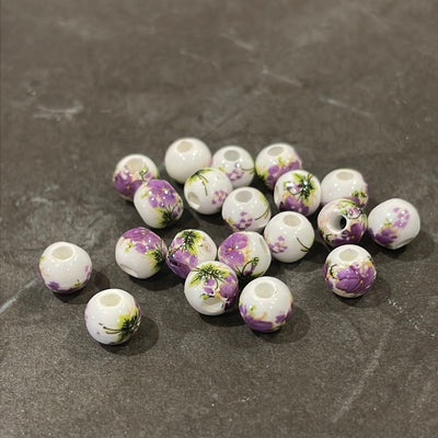 Set of white &amp; purple flowered ceramic stones, 6 or 8 mm of your choice