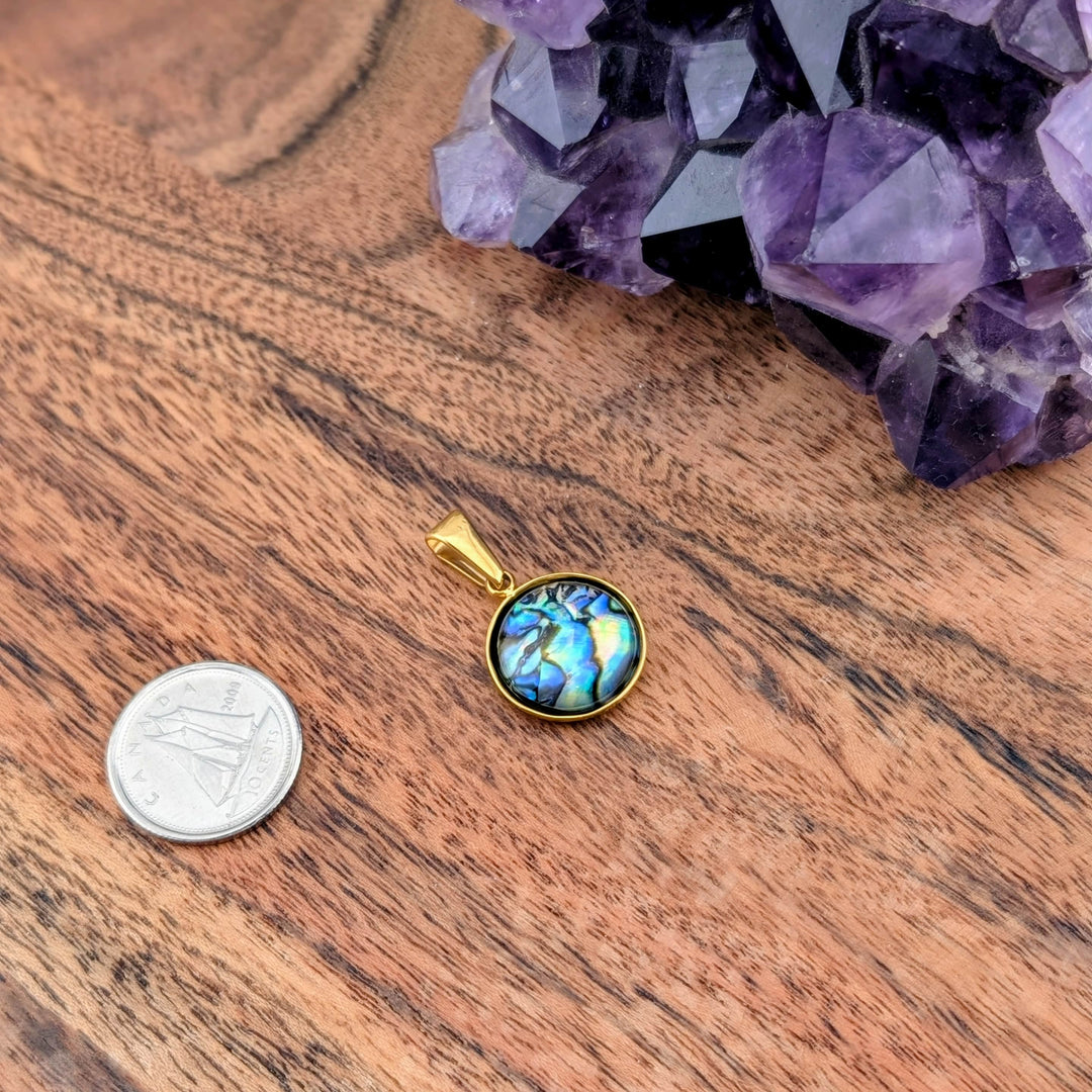 Médaillon rond paua contour doré ou argent
