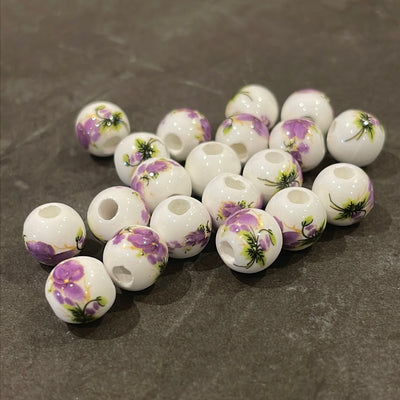 Set of white &amp; purple flowered ceramic stones, 6 or 8 mm of your choice