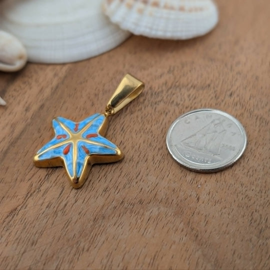 Étoile bleu avec petite ligne rouge et or