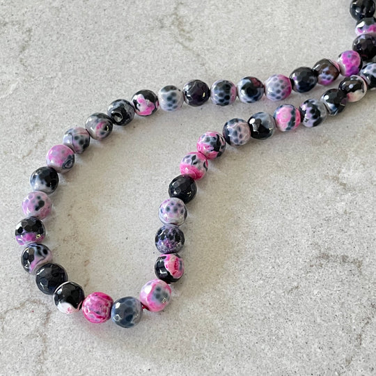 Corde de pierre agate noire, rose et blanche 8mm