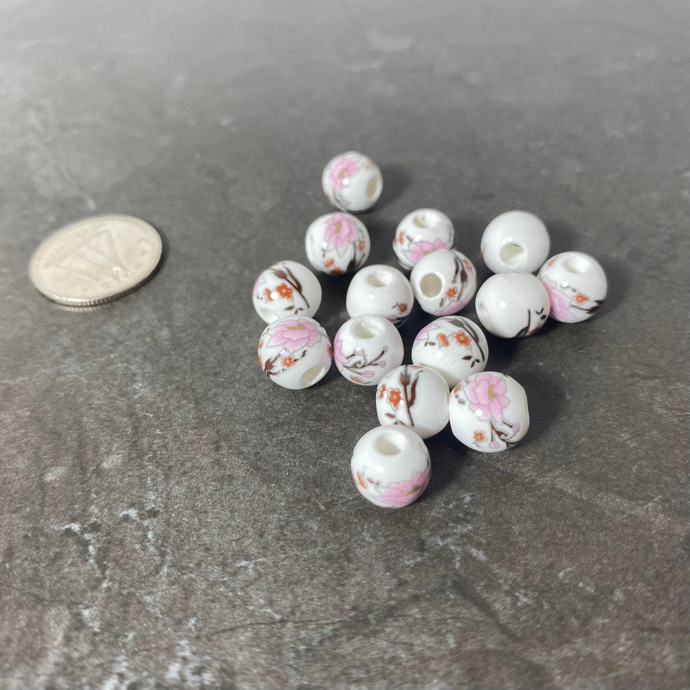 Lot of white, pink &amp; brown flowered ceramic stone 8 mm